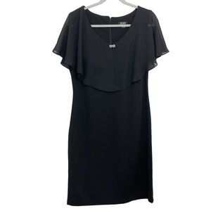 SLNY Black Sheath Dress Size 12 LBD Scoop Neck Chiffon Flutter Collar